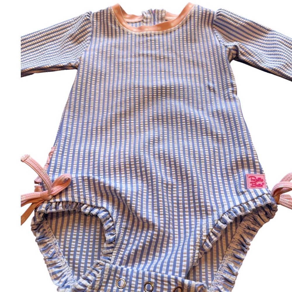 RuffleButts Seersucker Long Sleeve Rash Guard Swimsuit Blue White 18-24M - Picture 4 of 10